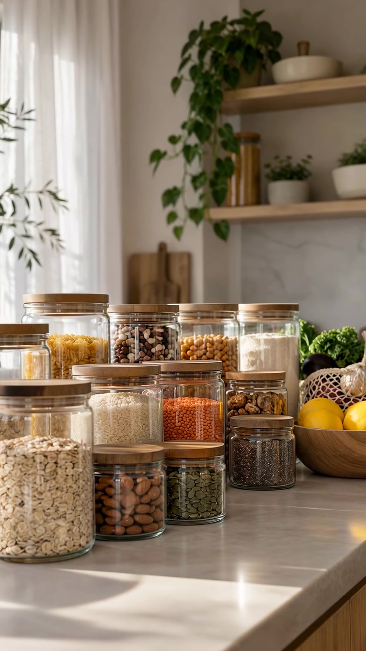Warm daylight falls across clear storage jars with wooden lids, showing oats, beans, lentils, pasta, nuts and seeds as slow lateral camera motion reveals shelves, plants and fresh produce.