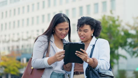 city, tablet and happy business women