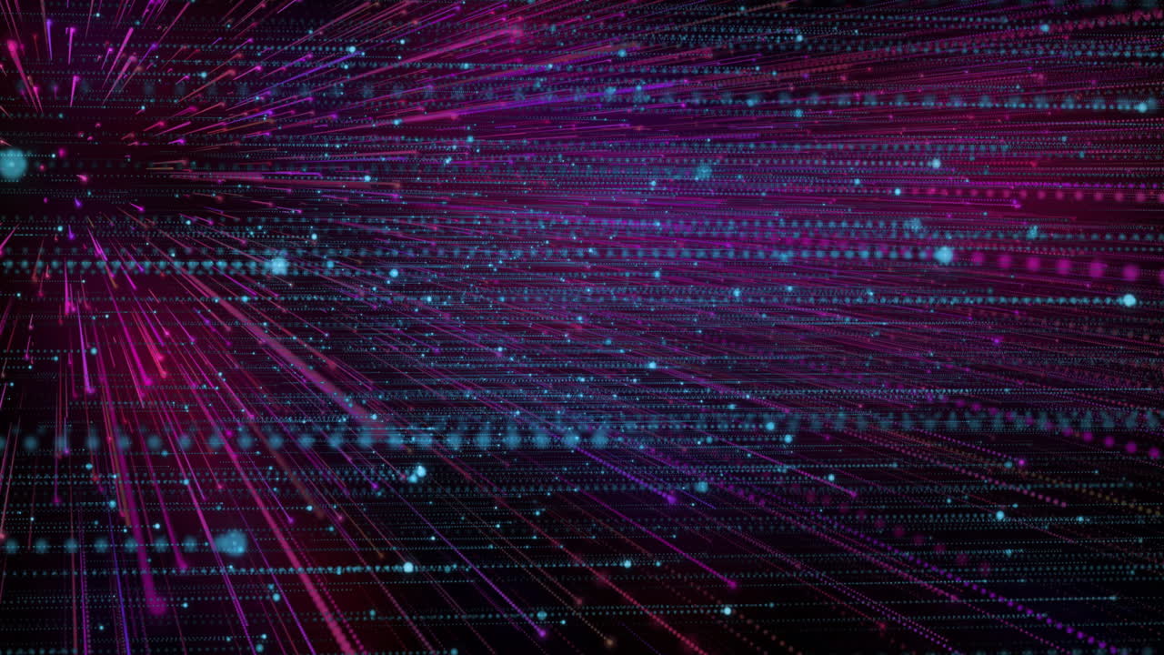 Abstract neon magenta and cyan data streams flowing in dark cyberspace, animated particles pulsing