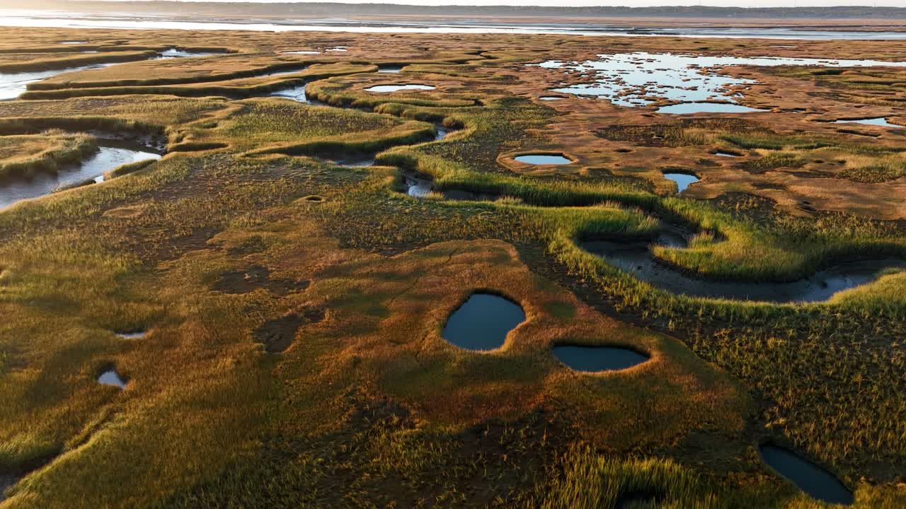 The Great Salt Marsh of Barnstable at sunrise at low tide. Aerial view.