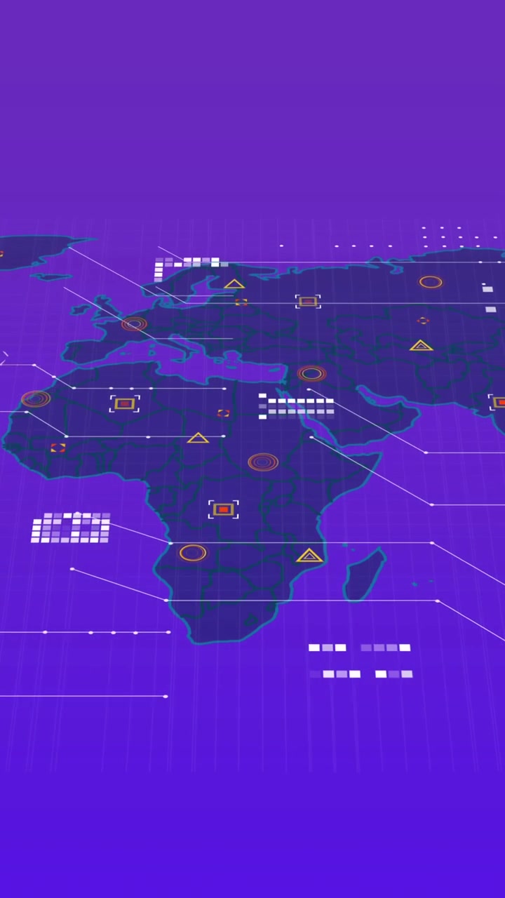 Animation of data processing over world map against purple gradient background