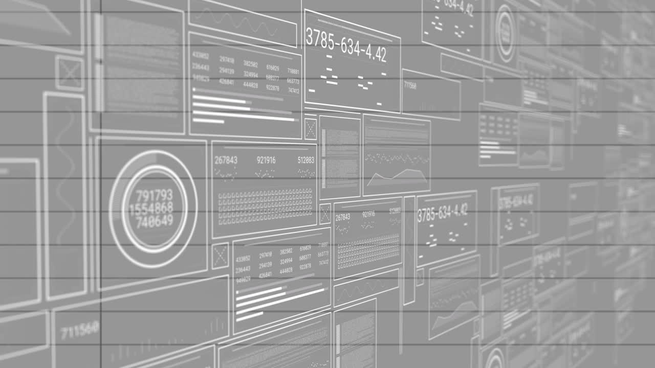 Translucent data panels floating in virtual grid lined interface, showing charts and numeric codes