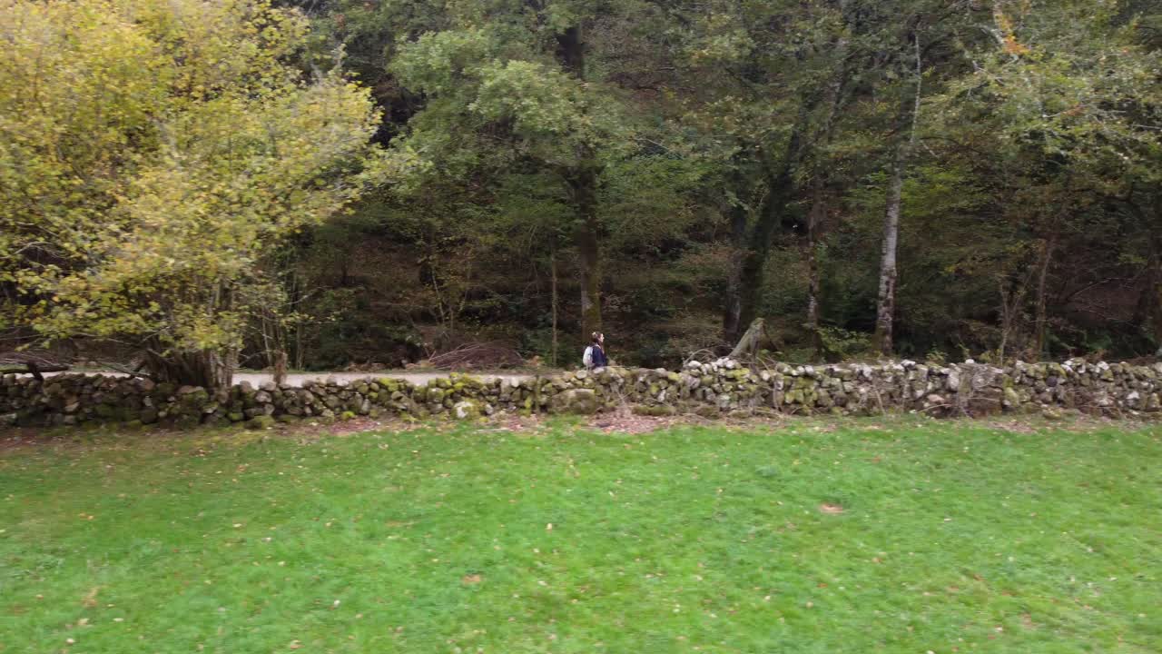 женщина с рюкзаком идет по лесу, осенне-зимняя атмосфера, горы пиренеи, 4k, прогулка на природе, среди деревьев