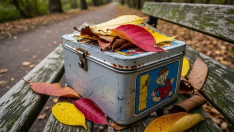a nostalgic scene of an old lunchbox surrounded by colorful autumn leaves on a park bench, evoking memories of childhood and the changing seasons