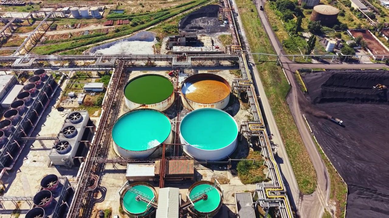 Complex industrial site shows various large tanks filled with colored liquids at a processing facility during daylight hours