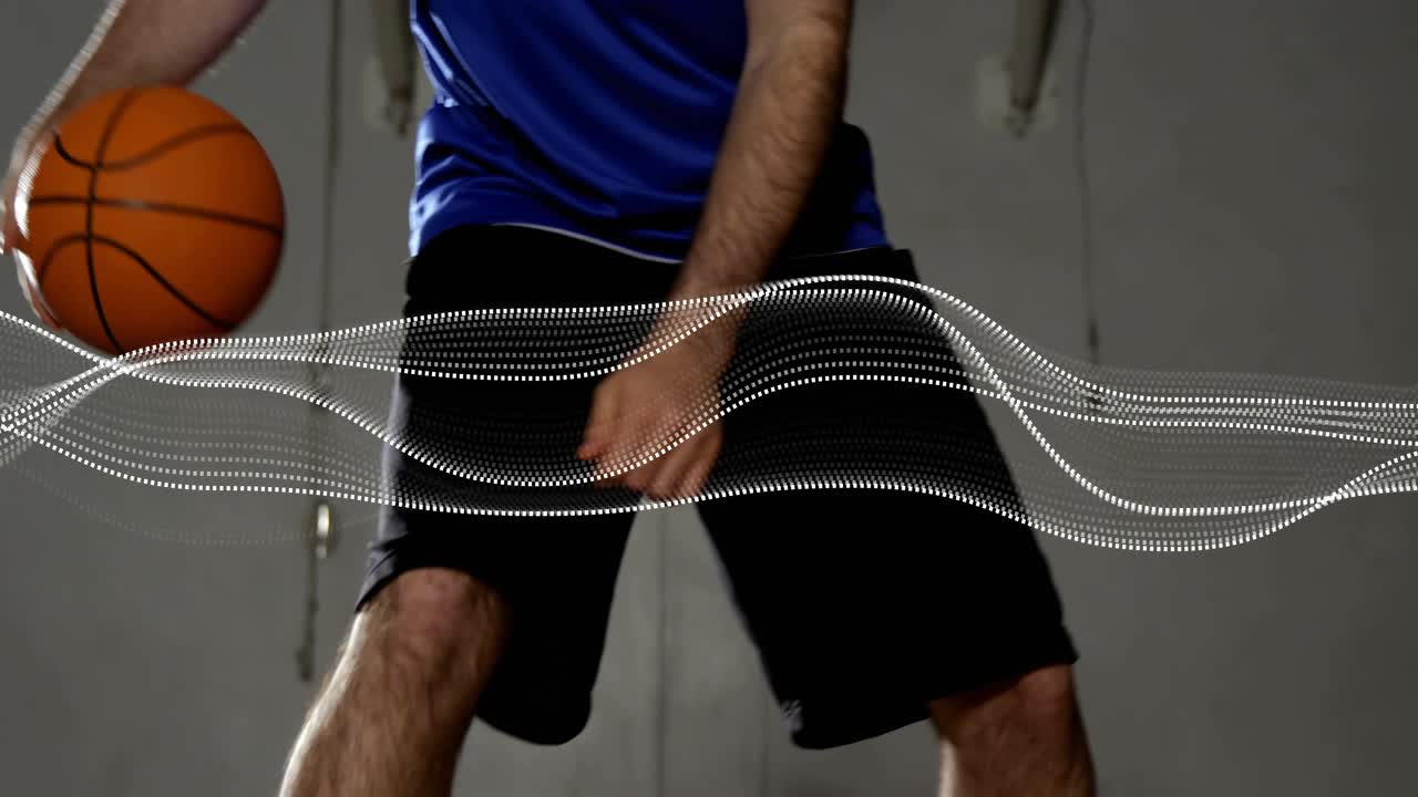 Male athlete bouncing basketball for sports training, doing crossover dribble, wave graphic pulses