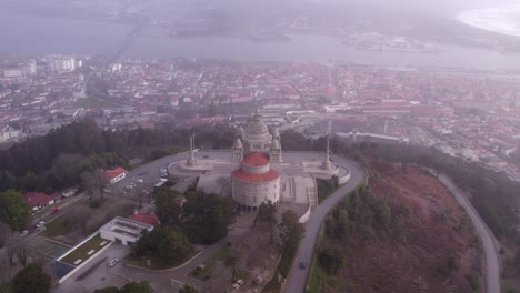 drone view of santuario de santa luzia, church in viana do castelo, portugal, aerial