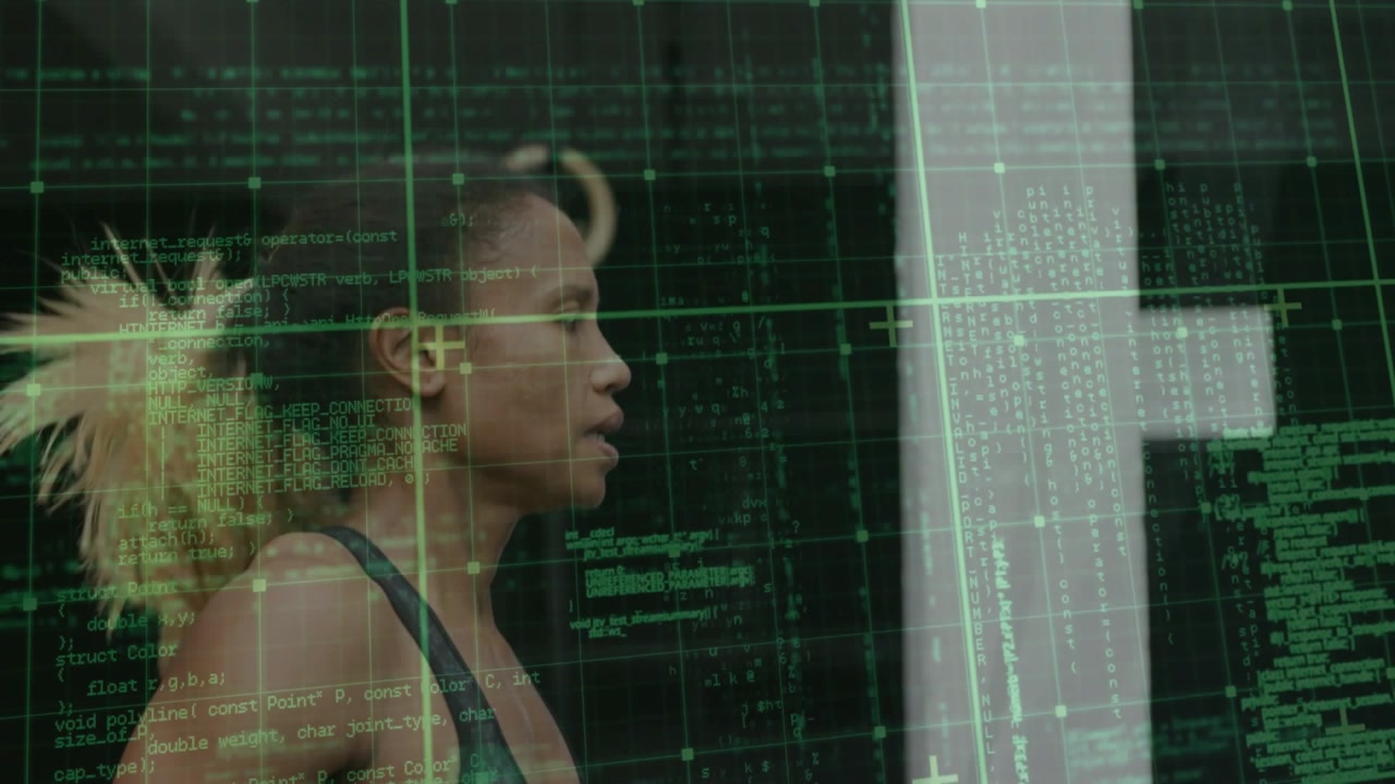 Vertical video: Woman adjusting waist then standing for warmup in gym, green grid tracking posture