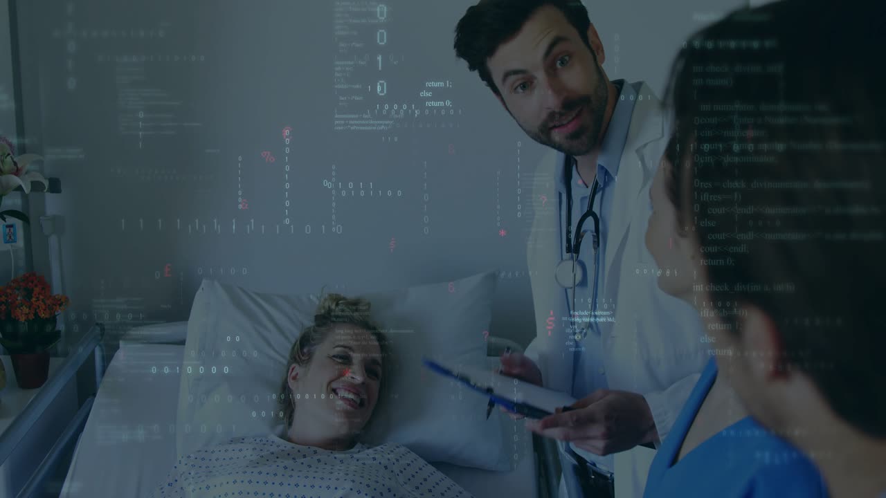 Dr leaning, patient smiling, dr noting care on clipboard while digital overlay showing medical data