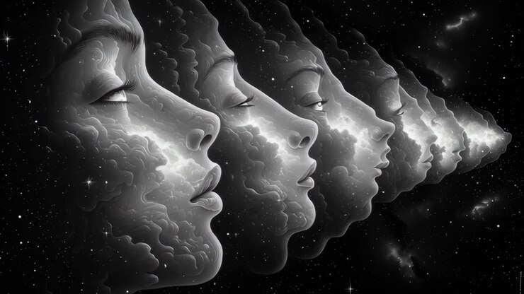 Cloudy pyramid of glowing faces