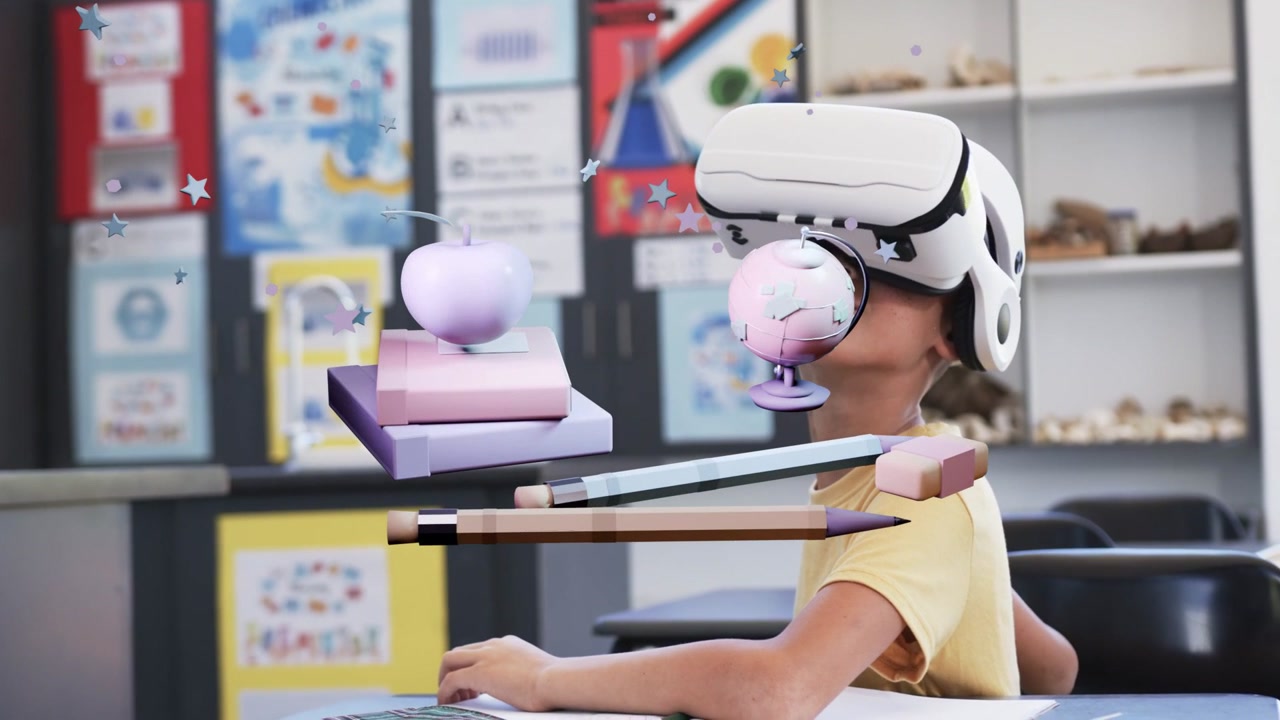 Male student with VR looking upward watching floating apple moving closer, arranging for education