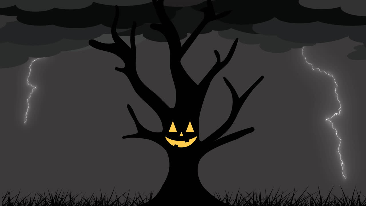 나무 위로 이동하는 구름과 번개의 애니메이션