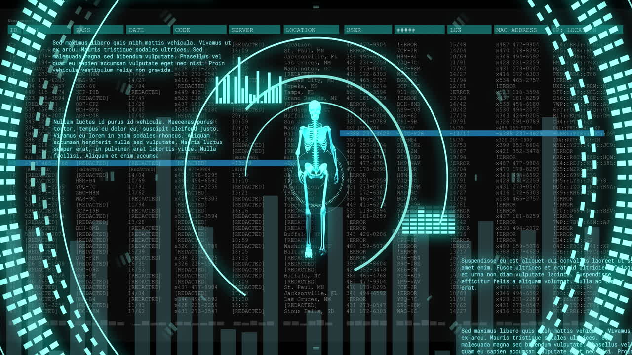 Animation of data processing and human body over scopes scanning
