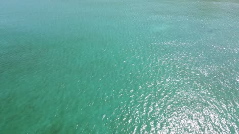 drone aerial pan down and then back up over tropical blue water on sandy beach coastline