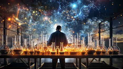 scientist conducting experiments in a futuristic laboratory at night