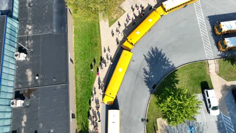 aerial view of students walking towards buses after school dismissal in usa