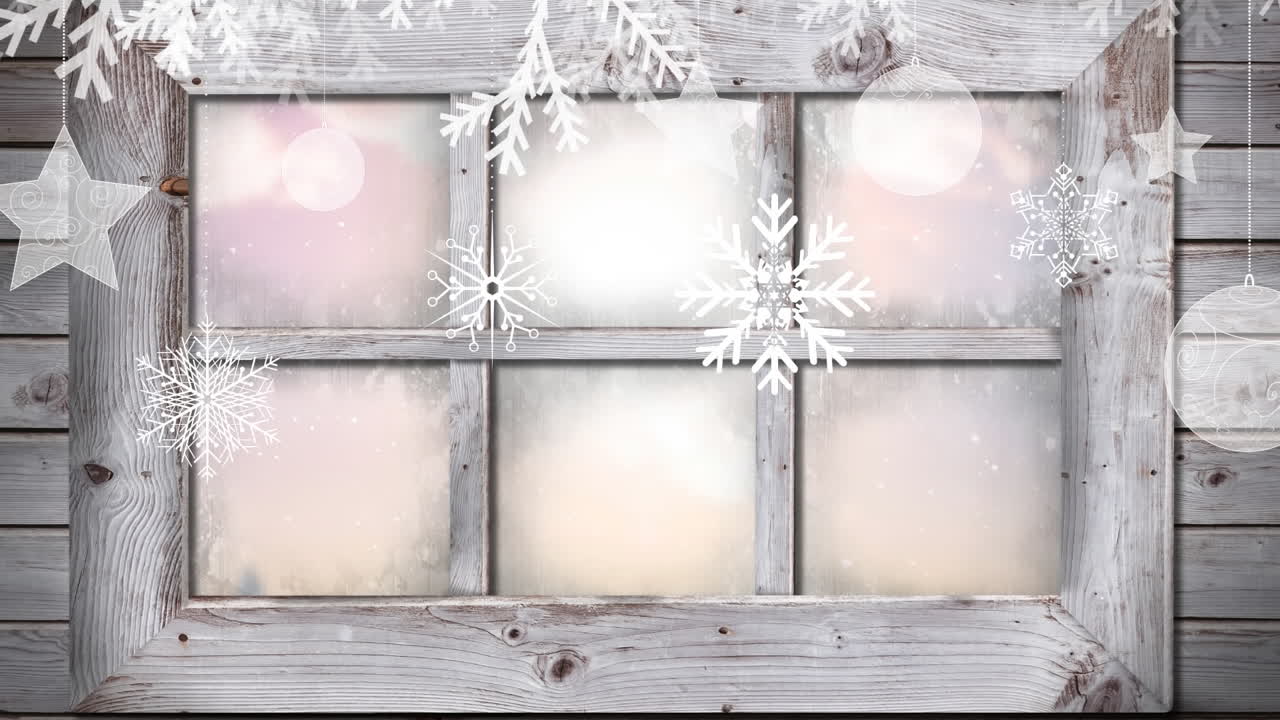 Animazione di neve che cade e decorazioni natalizie con paesaggio invernale visto attraverso una finestra