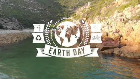 animation of earth day text and icons over landscape