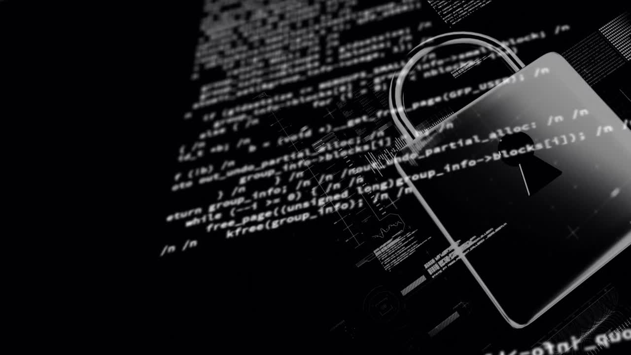 animación del procesamiento de datos y la seguridad en línea candado digital sobre fondo negro