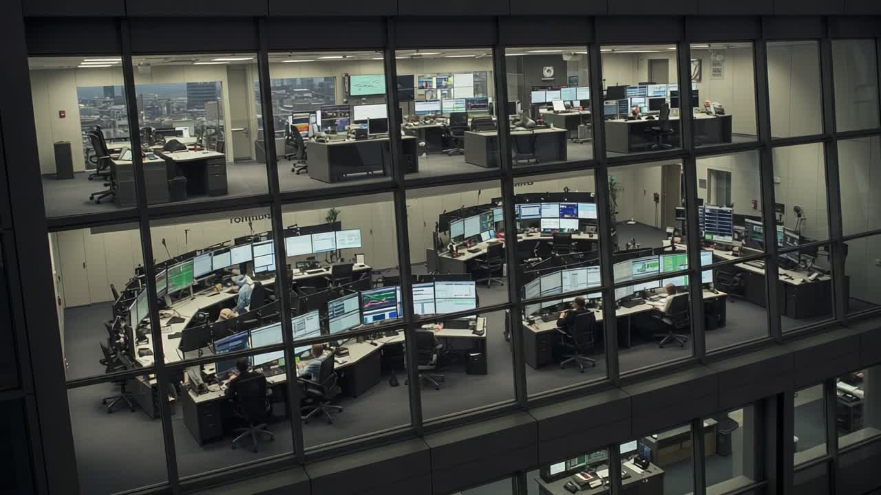 Aerial View of a Modern Office Environment Showcasing Multiple Workstations with Advanced Technology and Data Screens in a Dynamic Workplace Setting