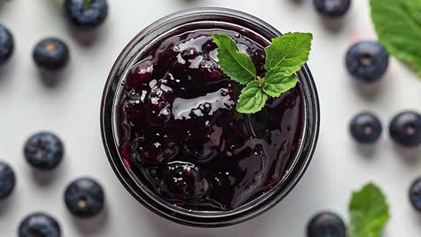 closeup of a jar of blueberry jam with fresh blueberries and mint leaves