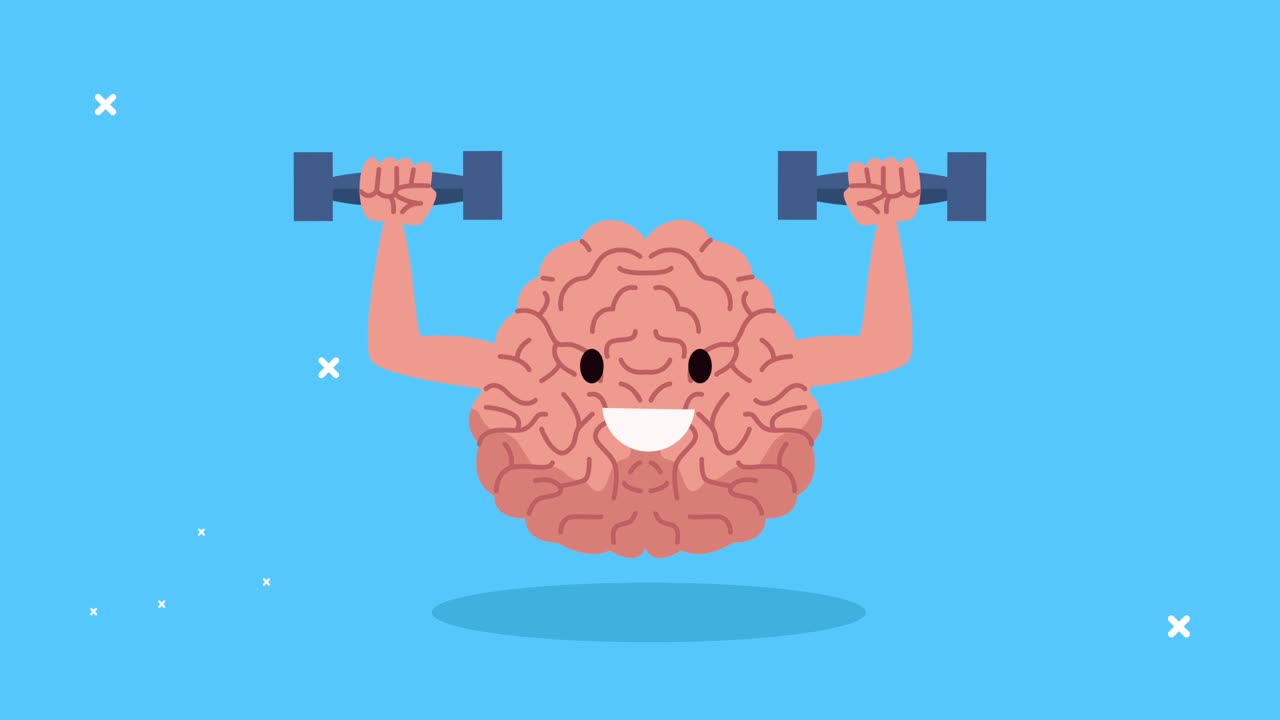 mental health animation with brain lifting dumbbells character