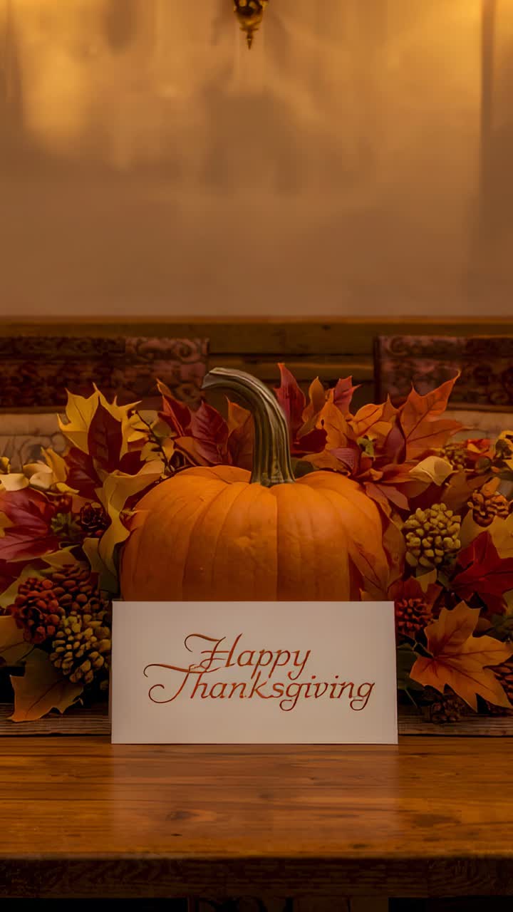 Vertical video: Clip starting camera framing pumpkin and Happy Thanksgiving card at table for decor