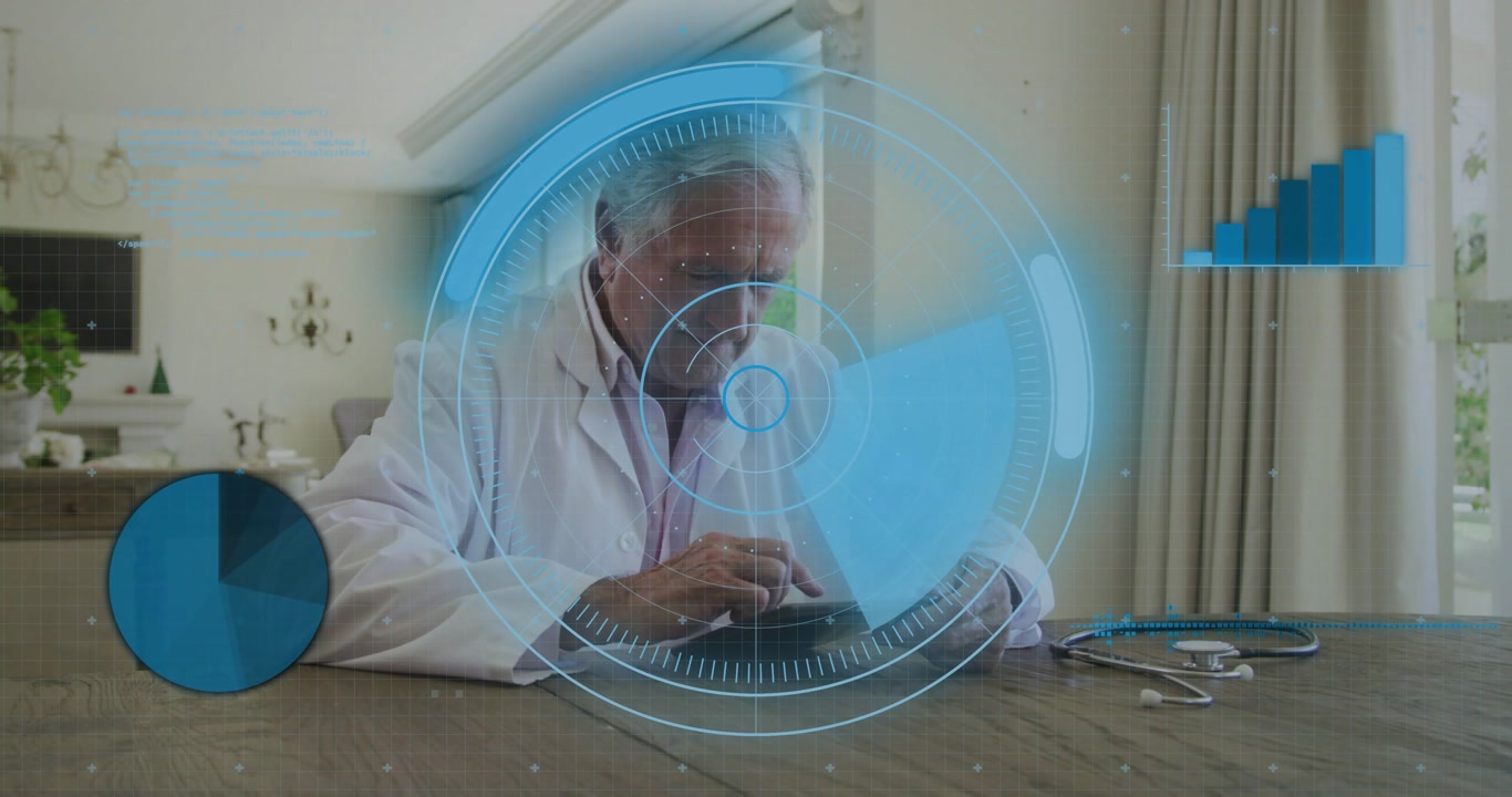 Senior physician at table placing phone, tapping tablet while HUD animating charts, handling tasks