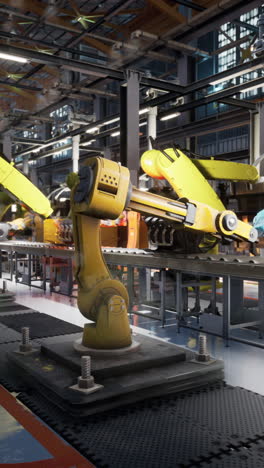 industrial robot arms on an assembly line in a factory