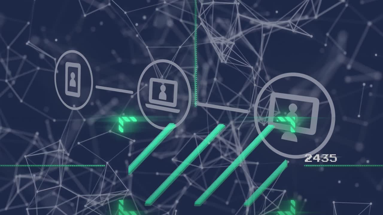 Animation of network of connections and media icons on blue background