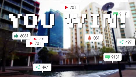 animación de usted ganar texto y números que crecen sobre el paisaje urbano