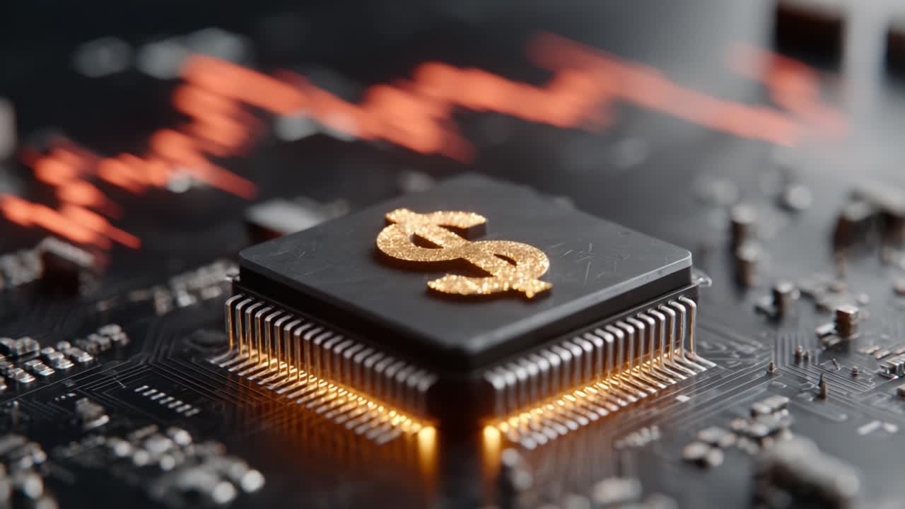 Exploring the Fusion of Finance and Technology: A Detailed Look at a Microchip with a Dollar Symbol Highlighted on a Circuit Board