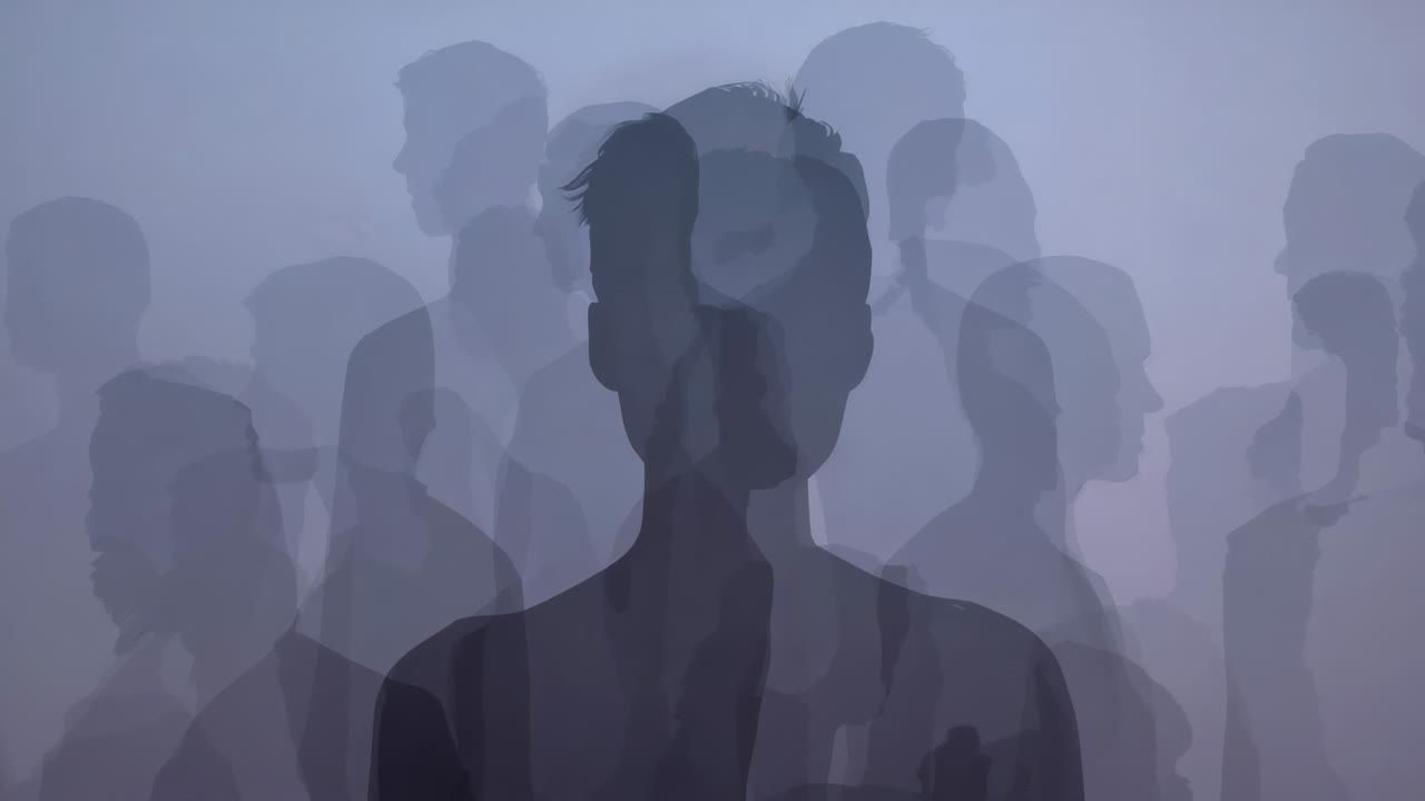 Projection starting man silhouette in studio rotating while profiles sliding behind backlit shadows