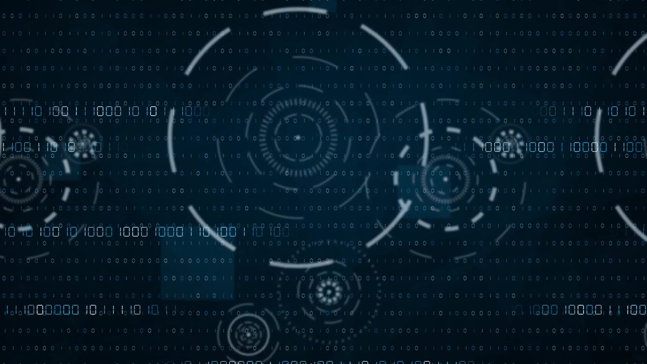 Loopable futuristic background with glowing binary numbers and rotating interface elements for a high-tech data visualization concept