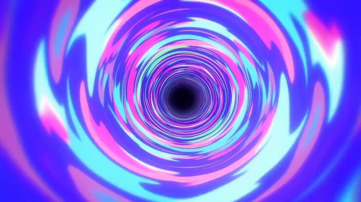 Anéis de néon concêntricos giram em torno de um centro escuro, formando um túnel vívido com curvas brilhantes de ciano, magenta, rosa, lima, azul e roxo, forte profundidade, desfoque suave e energia abstrata futurista.