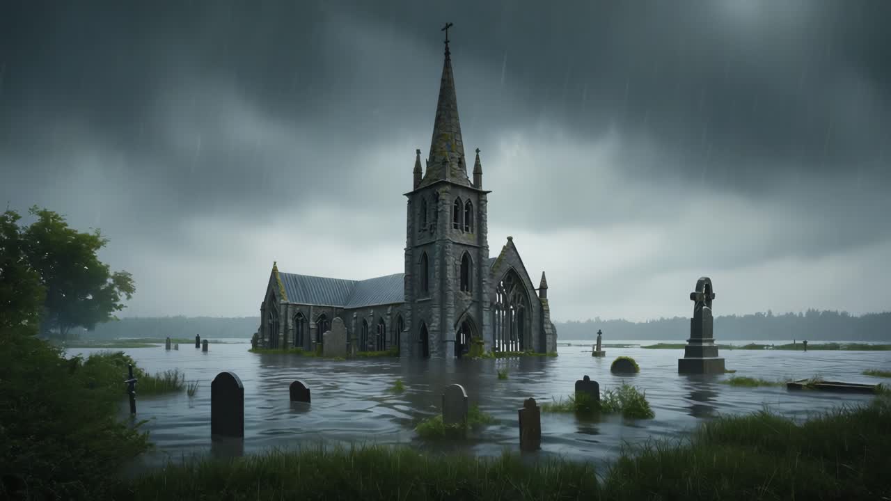 Flooded Church in a Dystopian Landscape