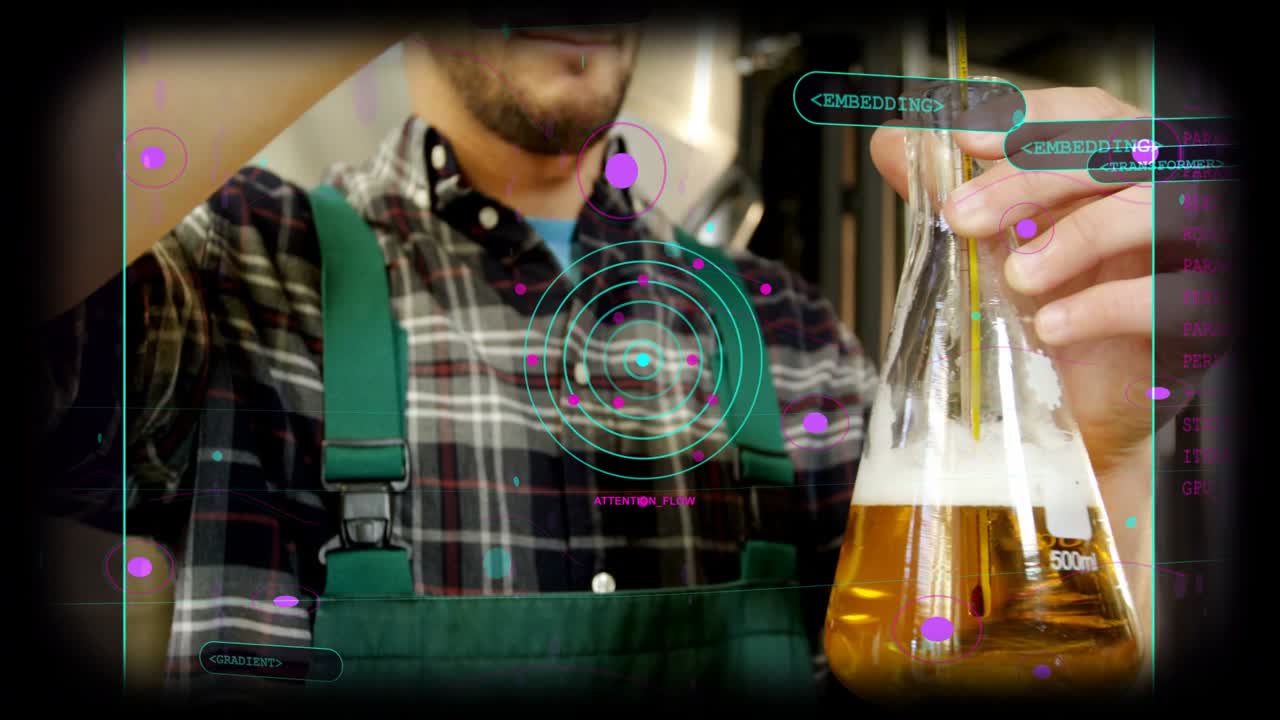 Brewery worker leaning forward, holding 500ml Erlenmeyer flask, inserting probe, HUD for QC