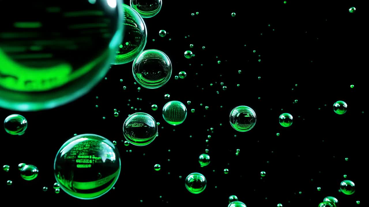 Zoom della camera che si muove verso una sfera verde vitrea nel vuoto nero, mostrando codice incandescente e goccioline