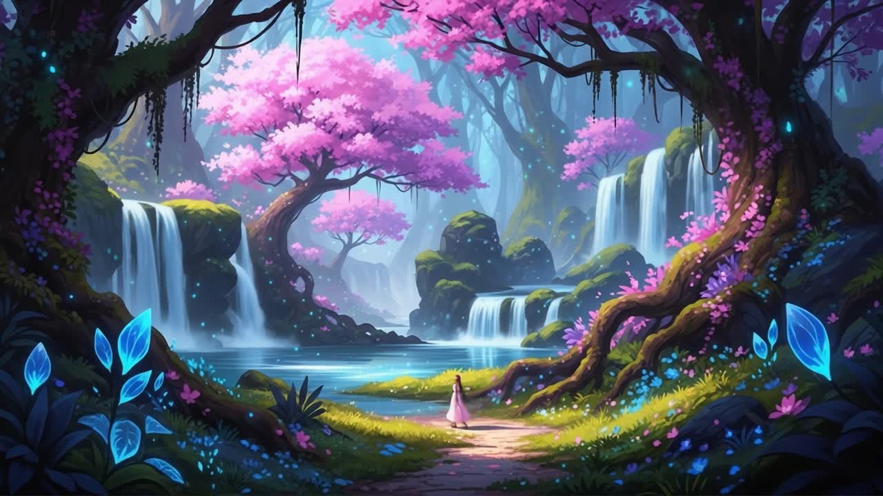 A Serene Enchanted Forest with Flowing Waterfalls and Vibrant Pink ...