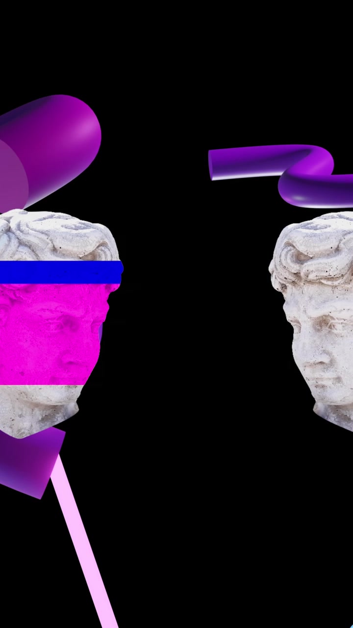 Animation of antique sculpture heads over abstract shapes