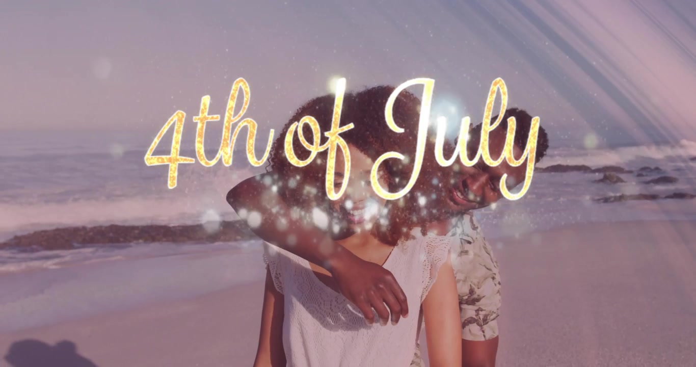 Happy Couple Embracing on Beach with 4th of July Text Overlay