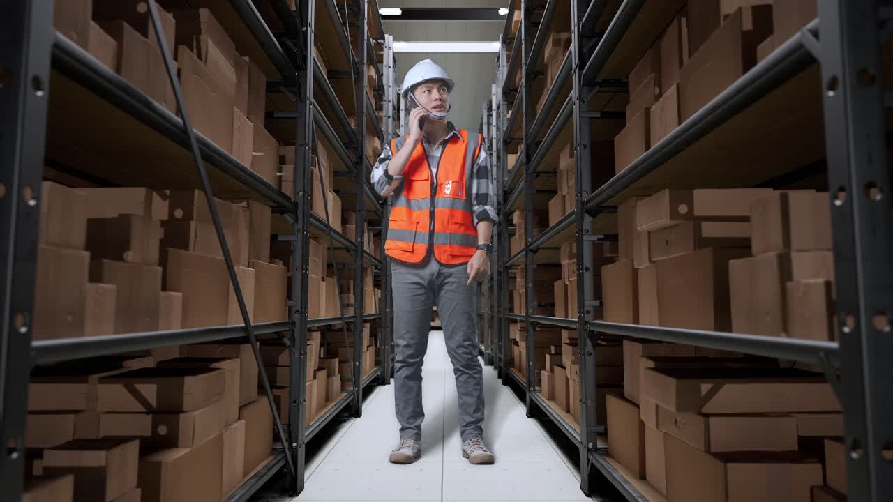 cuerpo lleno de ingeniero masculino asiático con casco de seguridad de pie en el almacén con estantes llenos de bienes de entrega. hablando en teléfono inteligente y mirando alrededor del almacenamiento