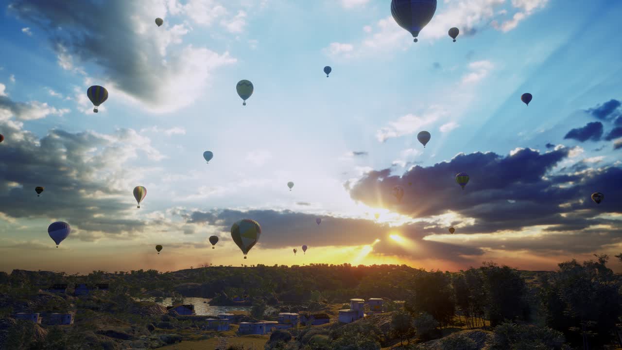 뜨거운 공기 풍선, 서서히 다른 사람들과 함께 도시 위로 날아, 해가 지는 시간