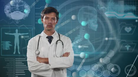 Digital-compote-video-of-portrait-of-male-caucasian-doctor-against-medical-digital-interface-in-back