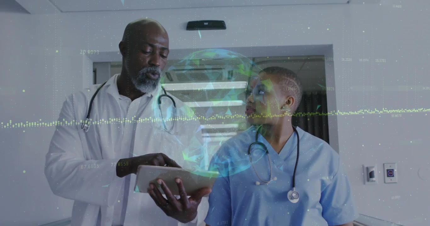 Dr tapping tablet and walking with nurse, globe and waveform matching taps, checking health data