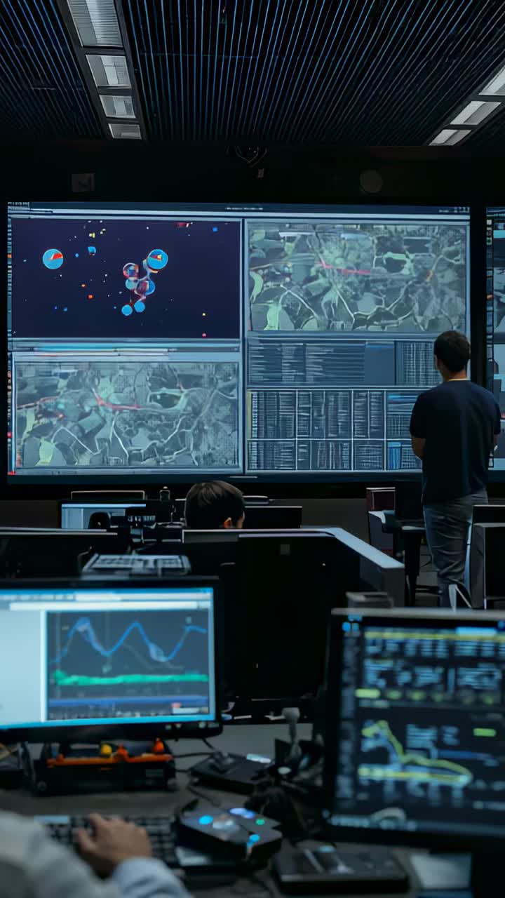 Vertical video: Entering right, man in dark shirt walking to ops front, briefing team at displays