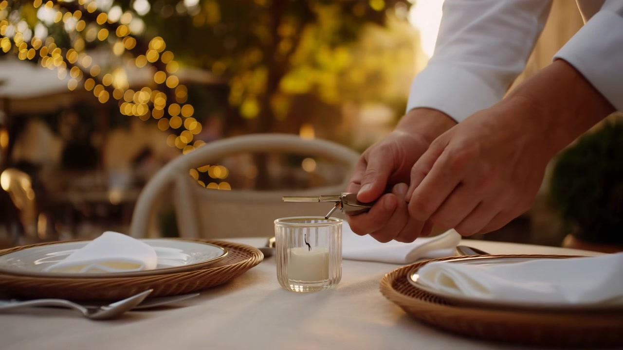 Hand lights glass votive candle beside white plates, linen napkins, rattan chargers, and clear glassware on outdoor restaurant table, creating warm reflections, soft glow, and elegant evening mood