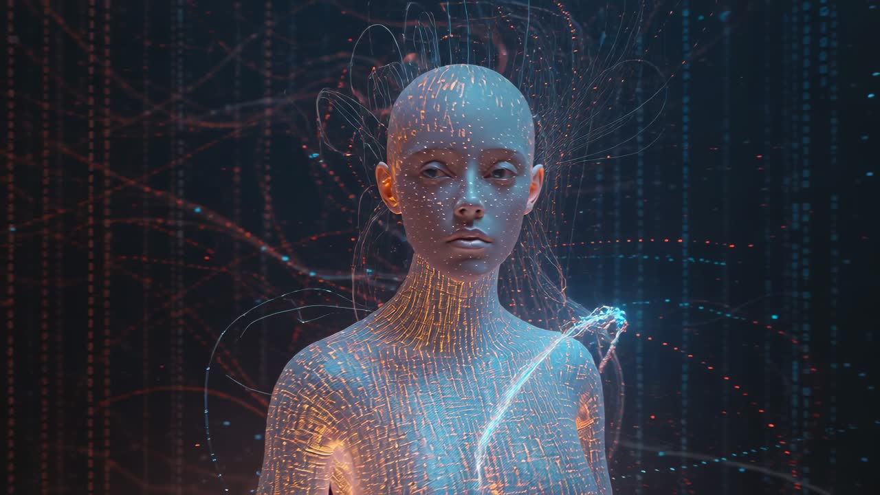 Ricevendo un impulso di dati, un androide apre gli occhi, gira la testa, con circuiti luminosi che instradano i dati verso l'interno