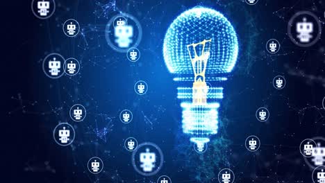 animation of light bulb spinning with network of connections on blue background