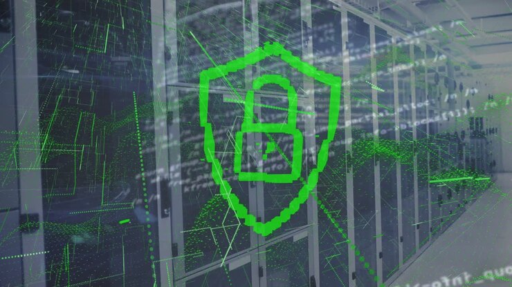 Animation of padlock in shield, abstract pattern and programming language over server room